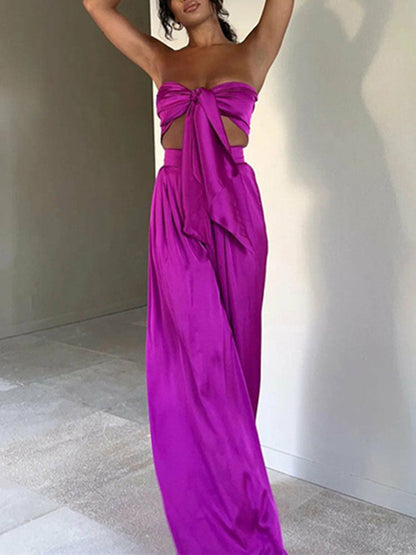 Tie-up Bow Strapless Crop Top+Wide Leg Pants Suit Spring Solid Soft