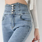 Skinny Pencil Jeans Four Buttons Vintage High Waist Women Slim Stretch