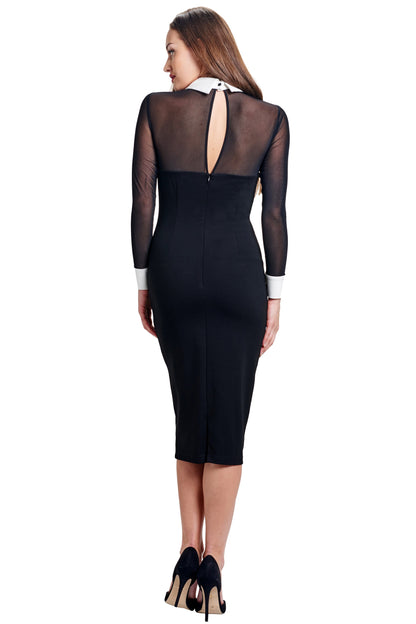 Tuxedo Illusion Dress - Midi dress with mesh sleeves, & contrast - Walbiz.com
