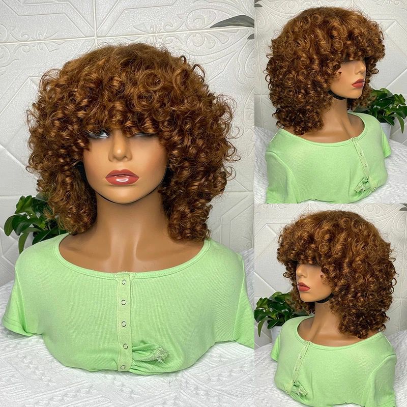 180% Density Rose Curly Short Bob Wig with Bangs Human Hair Brazilian - Walbiz.com