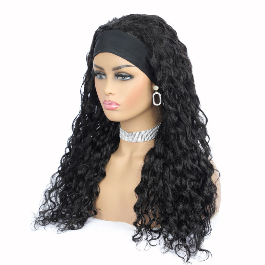 Headband Wig Water Wave Human Hair Scarf Wig No GLUE Easy Wear