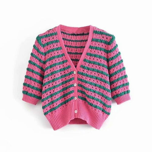 Woman Sweet Pink Hollow Out Knitted Cardigan - Walbiz.com