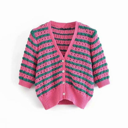 Woman Sweet Pink Hollow Out Knitted Cardigan - Walbiz.com