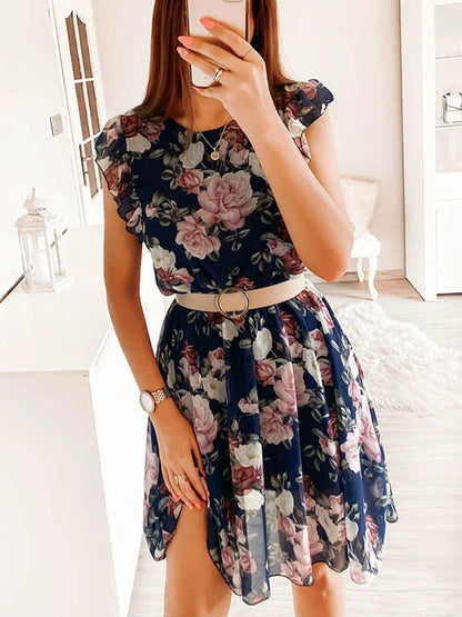 Not with Belt Print Pleated Casual Short Sleeve A-Line Midi Dress