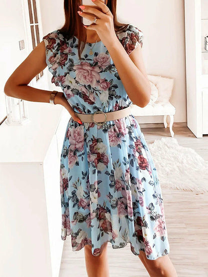 Not with Belt Print Pleated Casual Short Sleeve A-Line Midi Dress