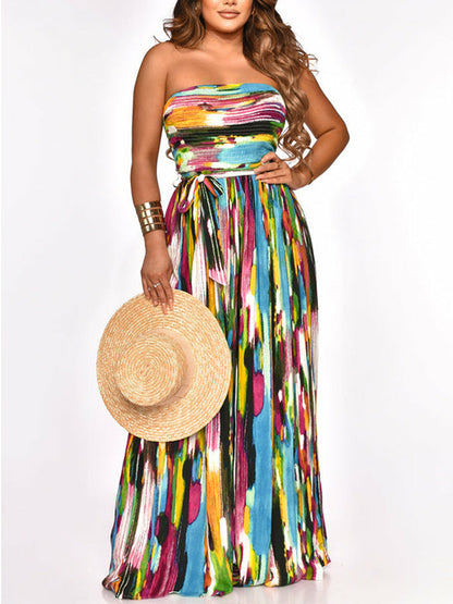 Off Shoulder Abstract Striped Tube Jumpsuit Summer Boho Beach Wide Leg