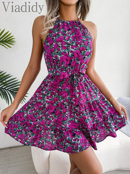 Summer Sleeveless Floral Print Halter Ruffles Dress - Walbiz.com