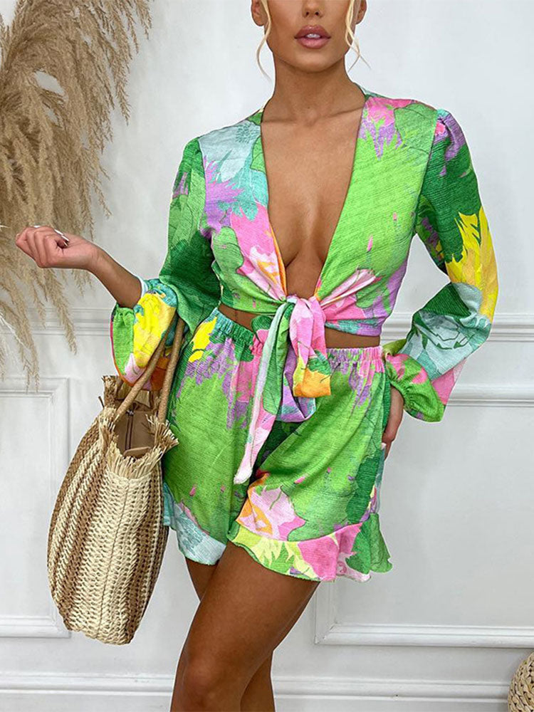Blouses With Prints Two Piece Sets Long Sleeve Tops Female Flared - Walbiz.com