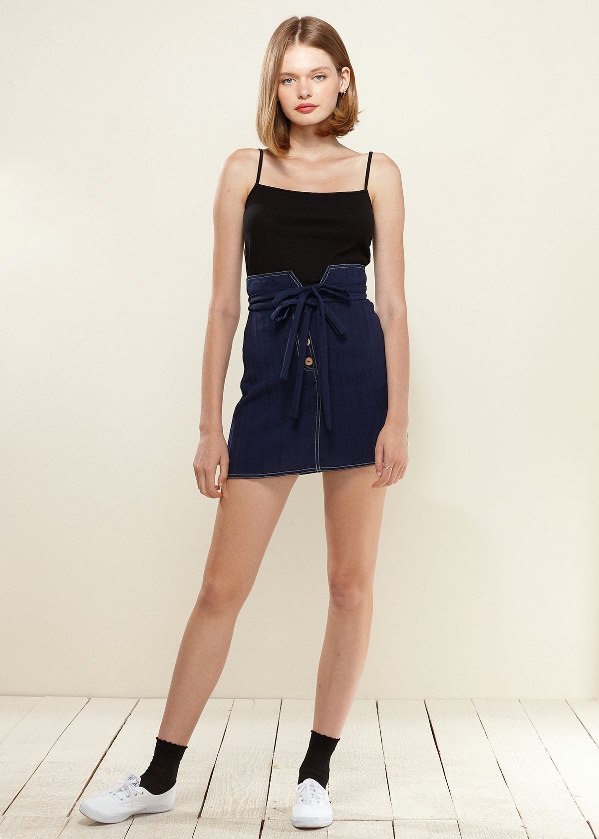 Women's Stitch Hem Double Strap High Waist Skirt in Navy