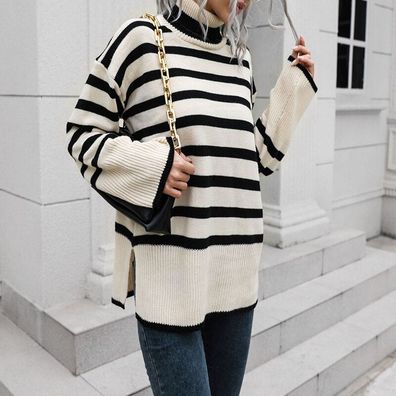 Knit Striped Split Pullover Loose Turtleneck Sweater