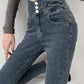 Skinny Pencil Jeans Four Buttons Vintage High Waist Women Slim Stretch