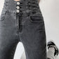 Skinny Pencil Jeans Four Buttons Vintage High Waist Women Slim Stretch