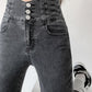 Skinny Pencil Jeans Four Buttons Vintage High Waist Women Slim Stretch