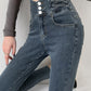 Skinny Pencil Jeans Four Buttons Vintage High Waist Women Slim Stretch