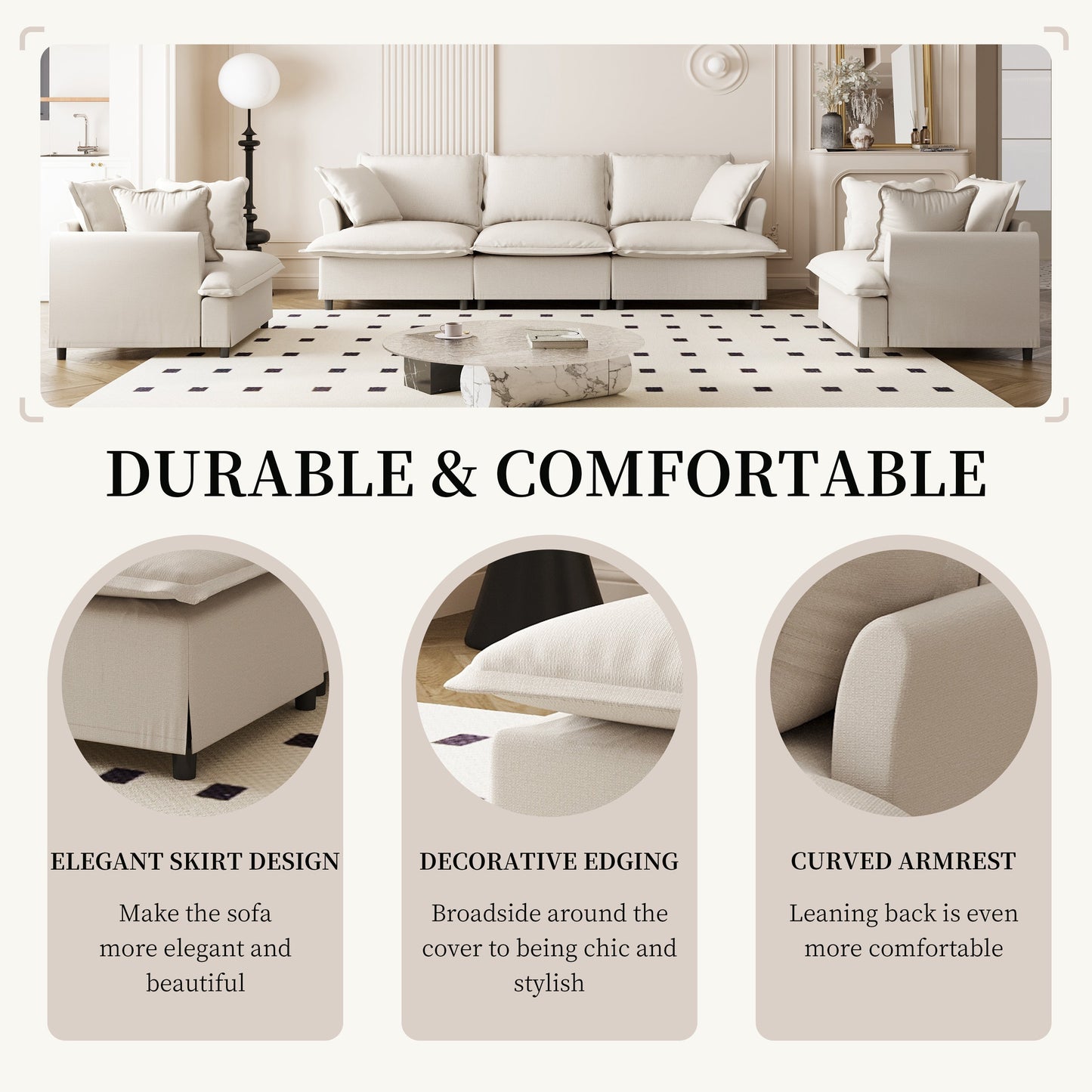 3 Piece Living Room Sofa Set,Modular Chenille Sectional