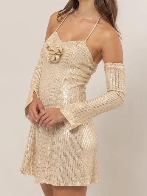 HYFVE Sequin Rosette Halter Mini Dress