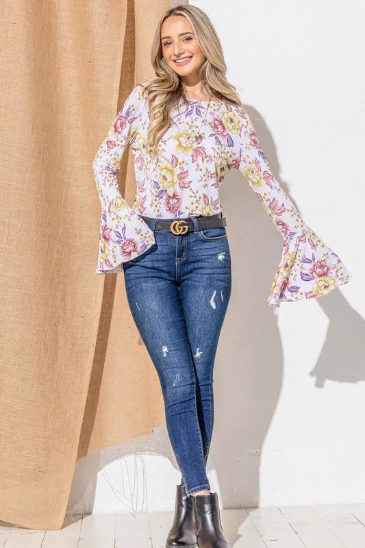 And The Why Floral Printed Bell Sleeve Casual Top - Walbiz