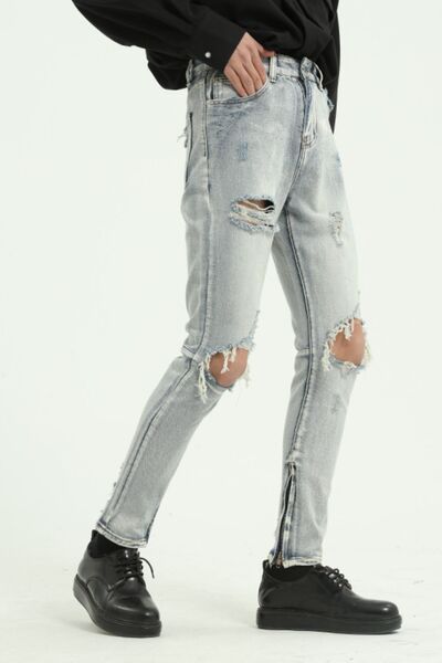 Pocketed Distressed Jeans with Side Zip