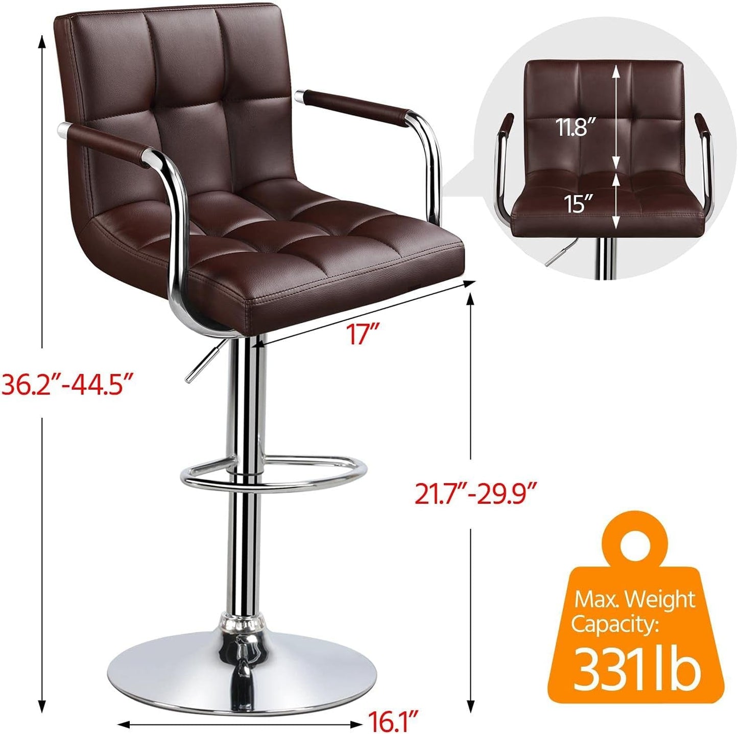 Tall Bar Stools Set of 2 Modern Square PU Leather Adjustable Barstools