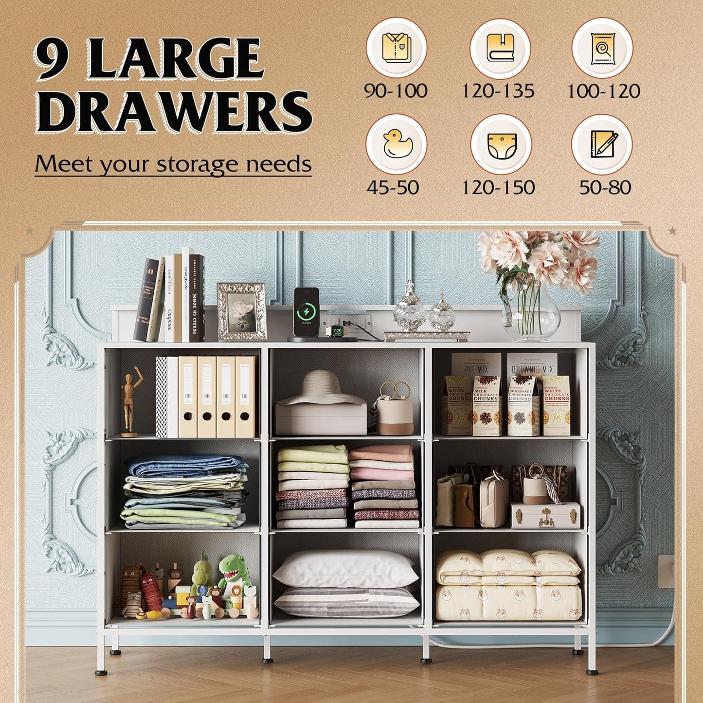 Dresser TV Stand with LED Lights and Charging Station