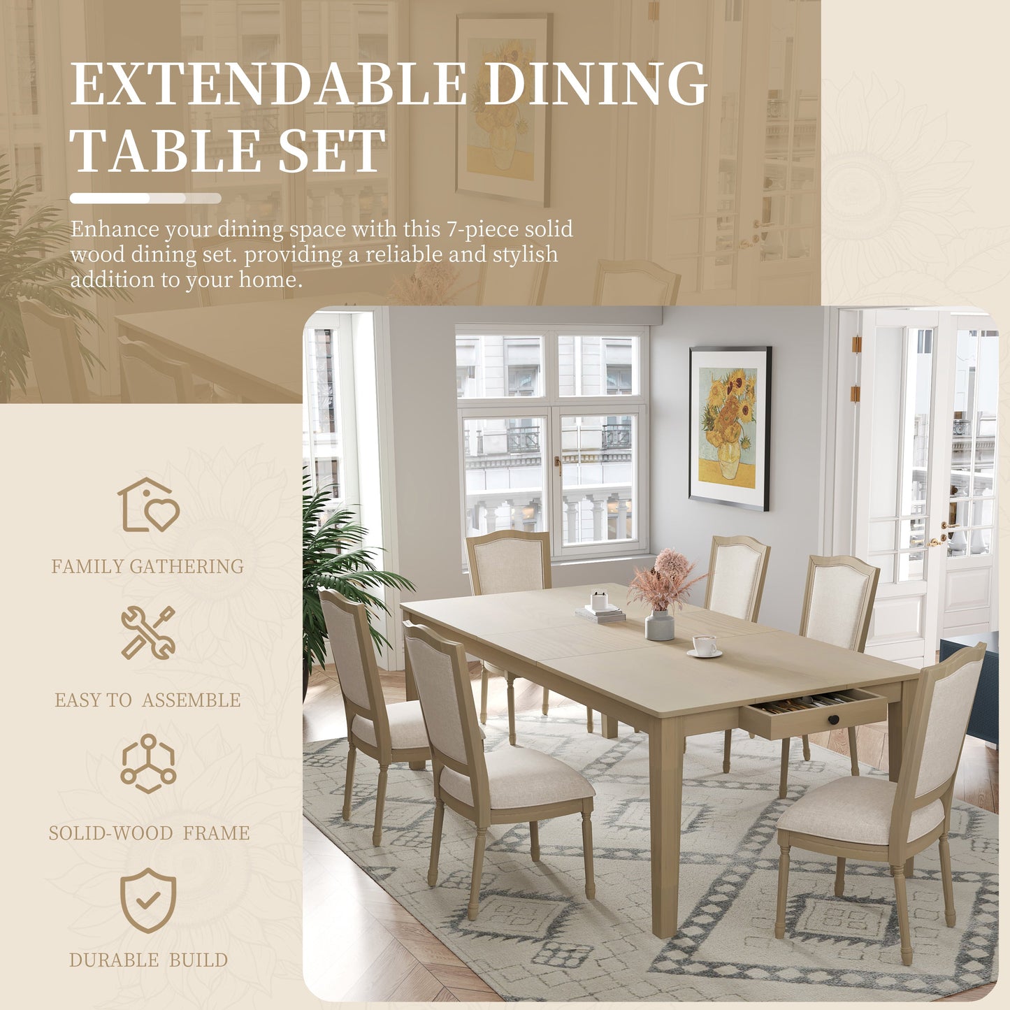 Rustic 7-Piece 78.1inch Extendable Dining Table Set with 18inch