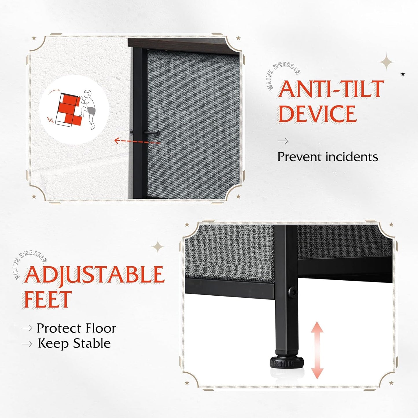 Charcoal Gray Fabric Dresser with Open Shelves and Drawers