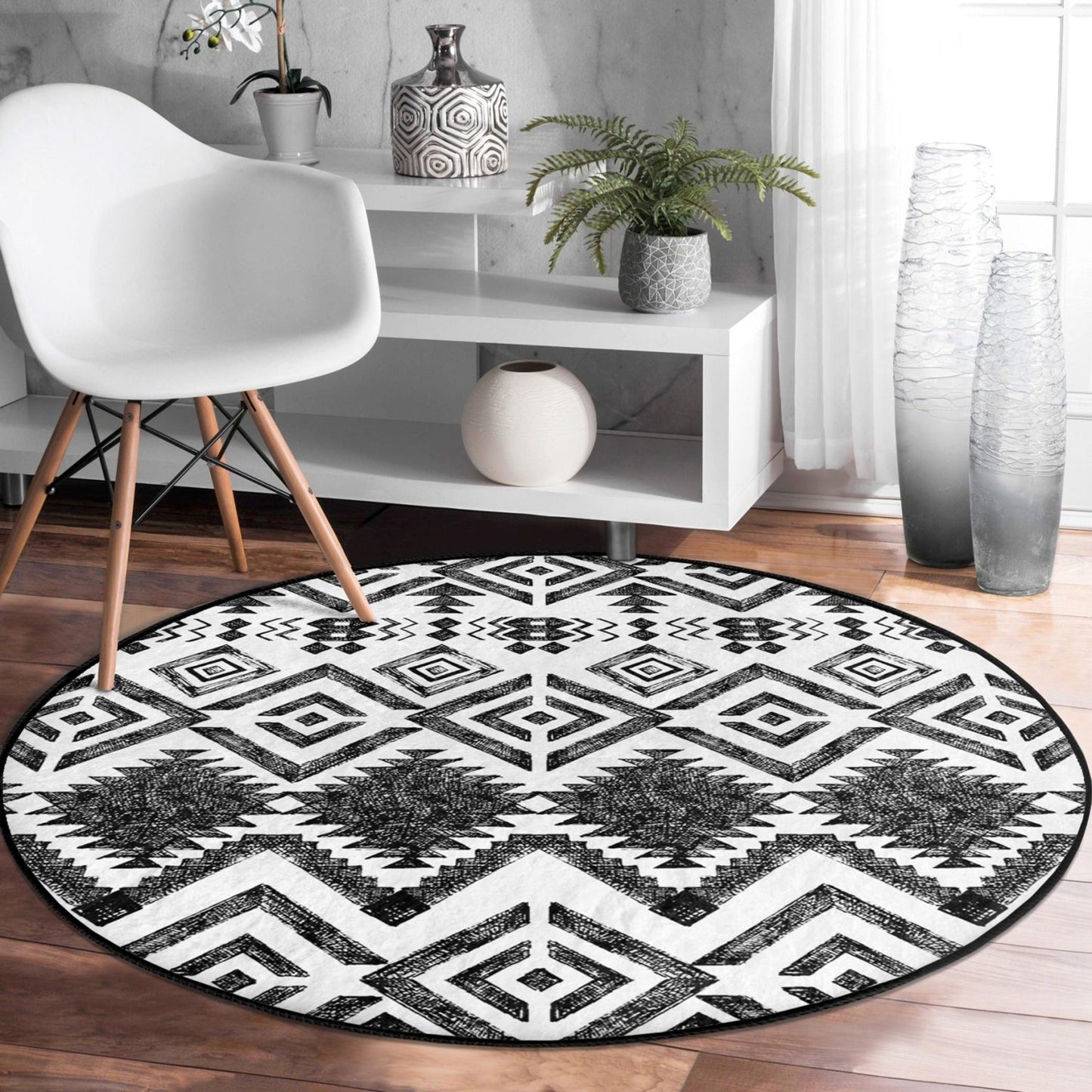 Southwestern Round Rug, Aztec Area Rug, Living Room Circle Carpet, Non