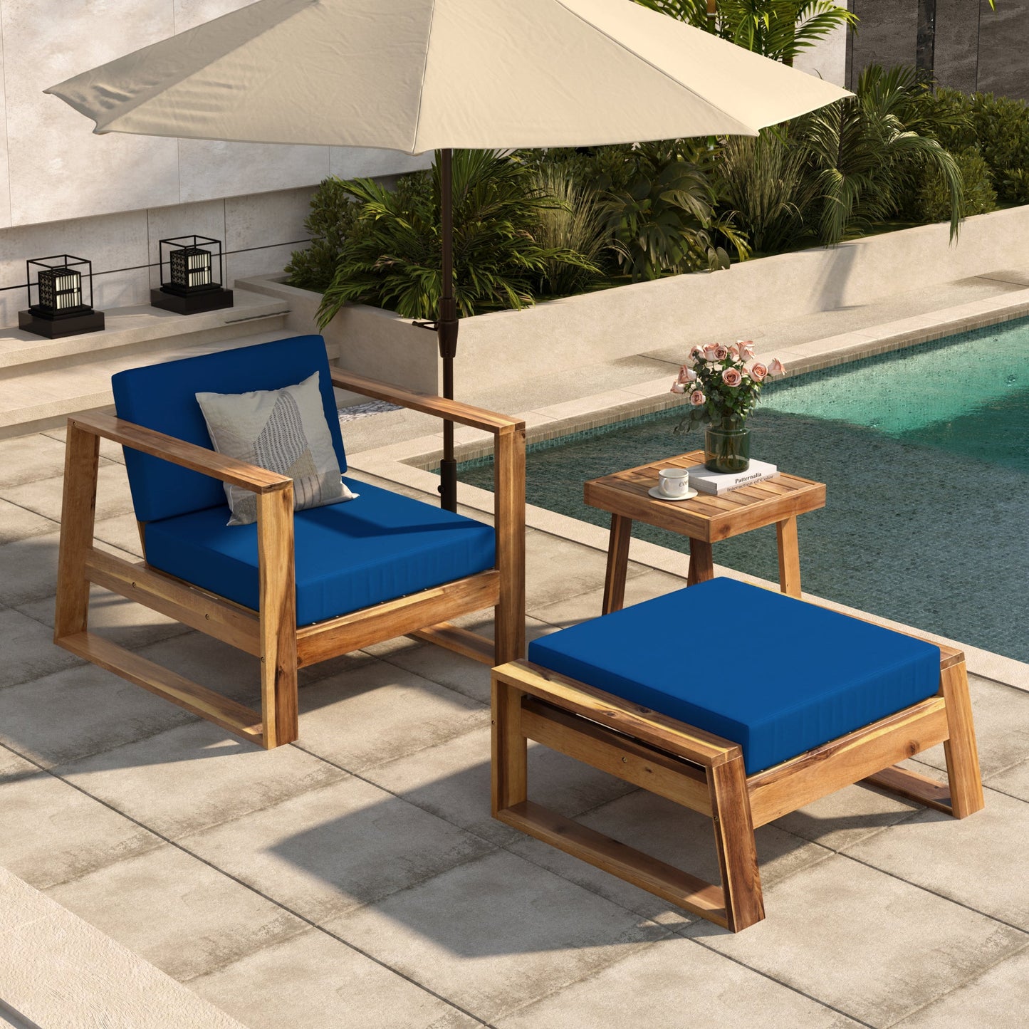 Acacia Wood Outdoor Lounge Set - Chair & Ottoman, Perfect for Patios,