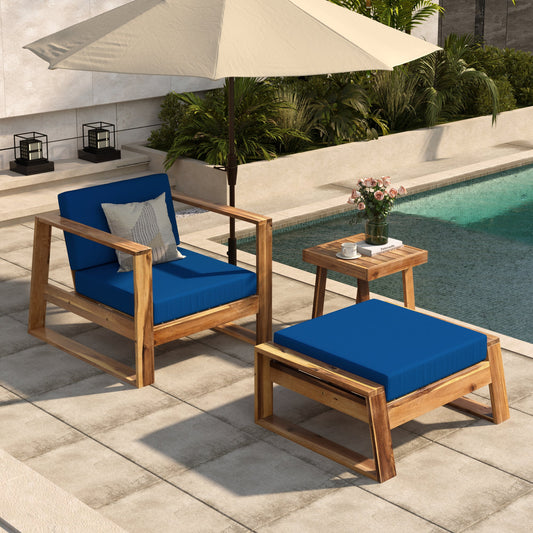 Acacia Wood Outdoor Lounge Set - Chair & Ottoman, Perfect for Patios,