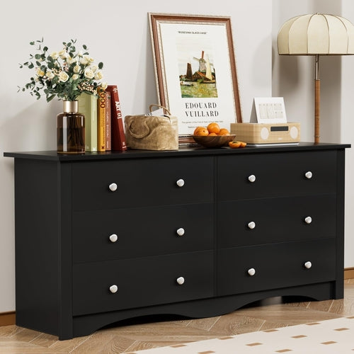 Dresser with 6 Drawer, Wood Wide Chest Storage Organizer and TV Stand
