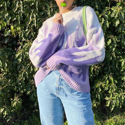 Vintage Purple Flame Knitted Oversized Sweaters - Walbiz.com