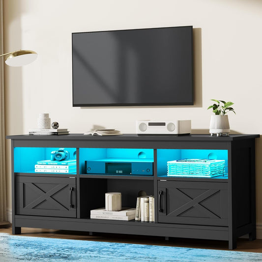 Farmhouse TV Stand with Power Outlet, LED Light Entertainment Center