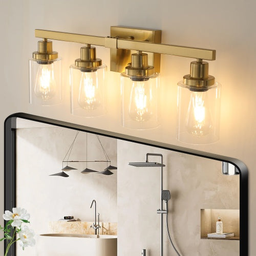 Gold 4 Lamp Vanity Light With Clear Glass Shade, Modern Iron Metal