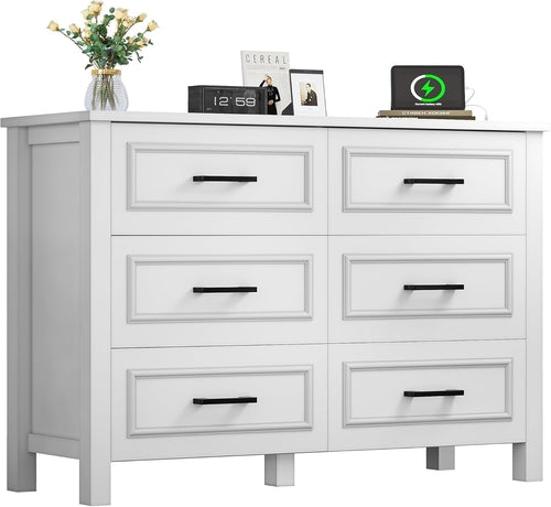 6-Drawer Dresser with Built-In Power Outlet, Wood Dresser TV Stand