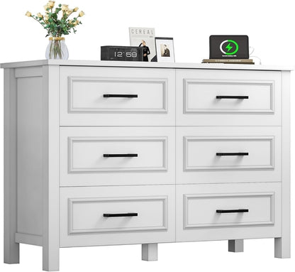 6-Drawer Dresser with Built-In Power Outlet, Wood Dresser TV Stand
