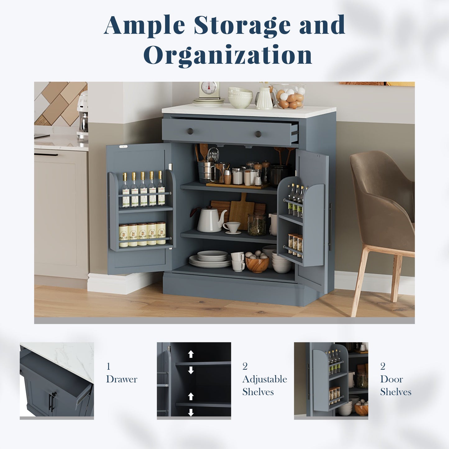Modern Freestanding Kitchen Pantry,Buffet Food Storage, Coffee Bar