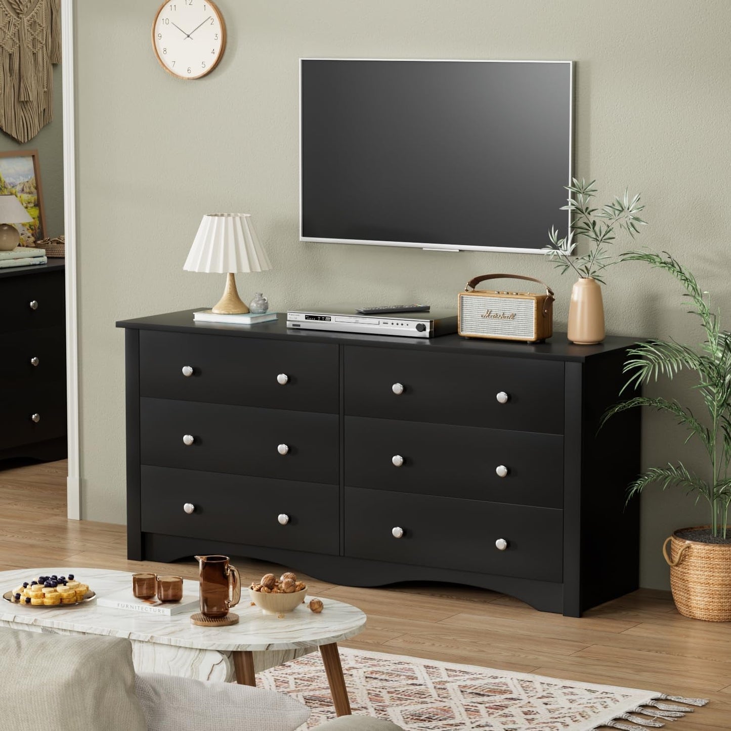 Dresser with 6 Drawer, Wood Wide Chest Storage Organizer and TV Stand