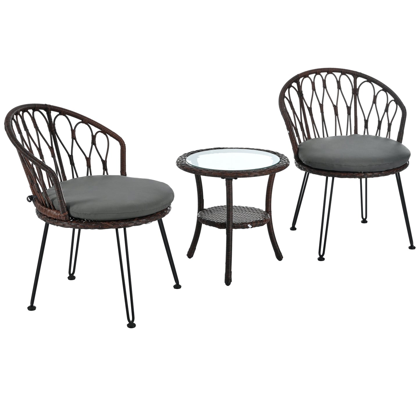 Outdoor Leisure Set, 2 Rattan Single Chairs with A Glass Round Table,