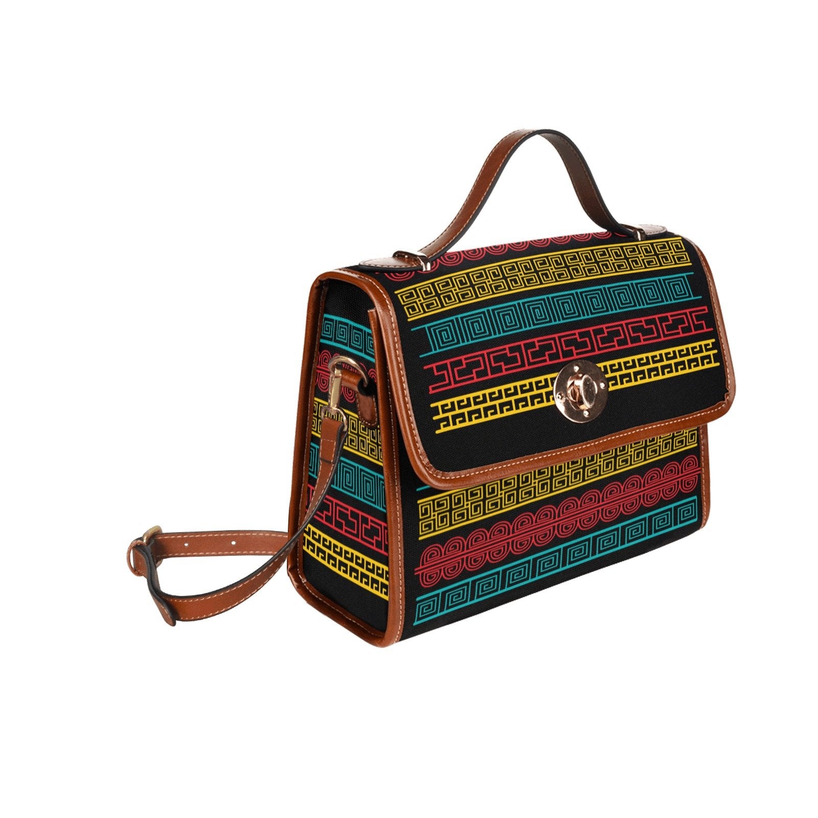 Women's Handbag, Canvas Top Handle Shoulder Bag - Black / Geometric - Walbiz.com