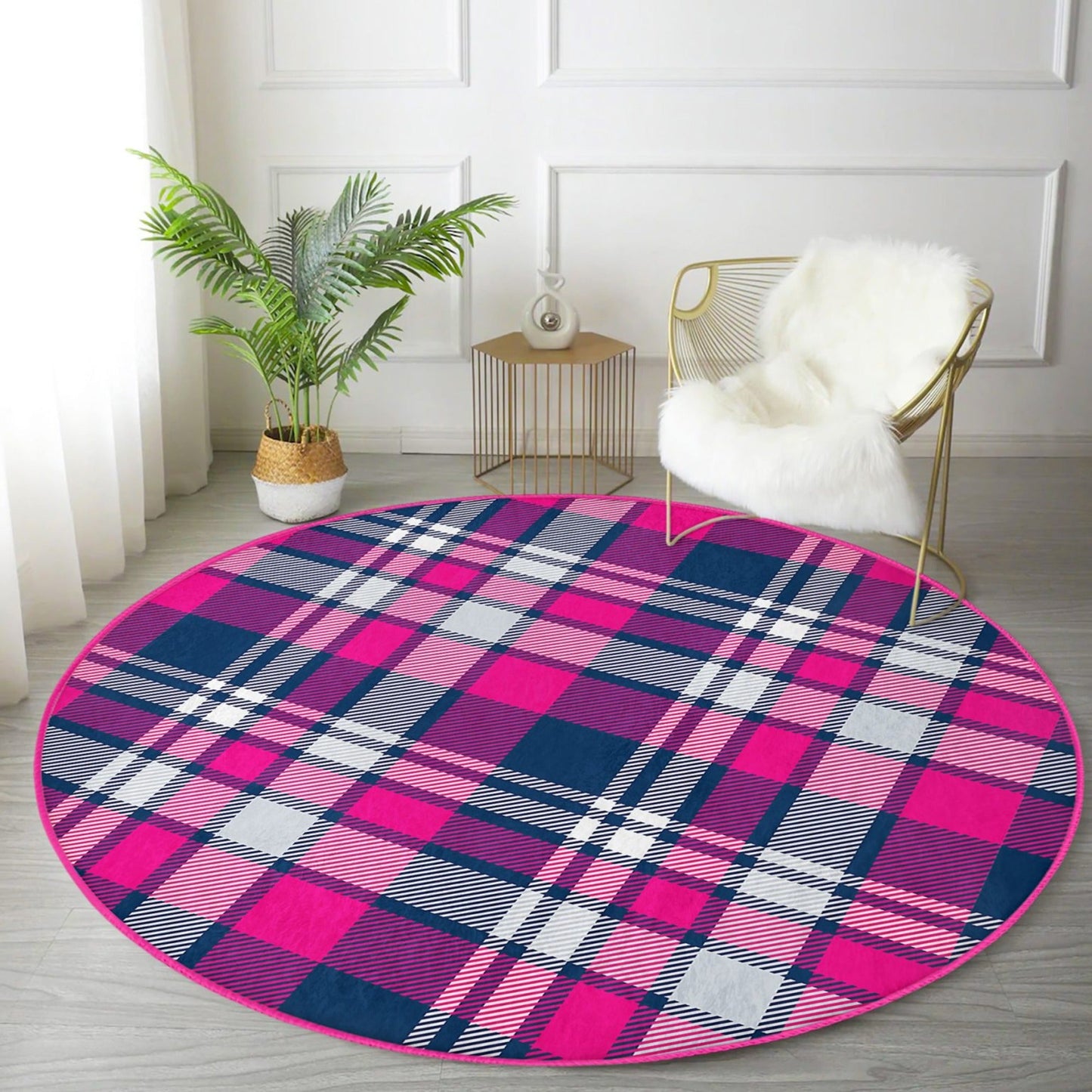Plaid Patterned Decorative Round Rug, Plaid Living Room Circle Carpet,