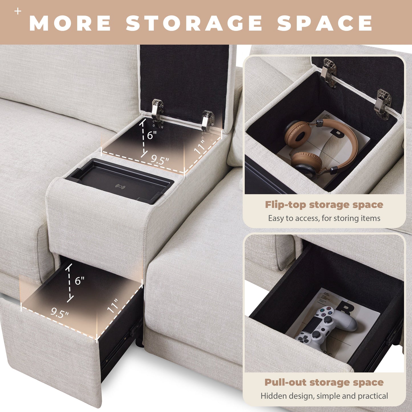 124'' Modular Sectional Sofa with Storage Console and Movable