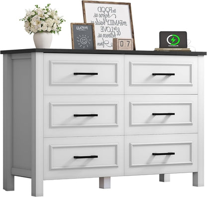 6-Drawer Dresser with Built-In Power Outlet, Wood Dresser TV Stand