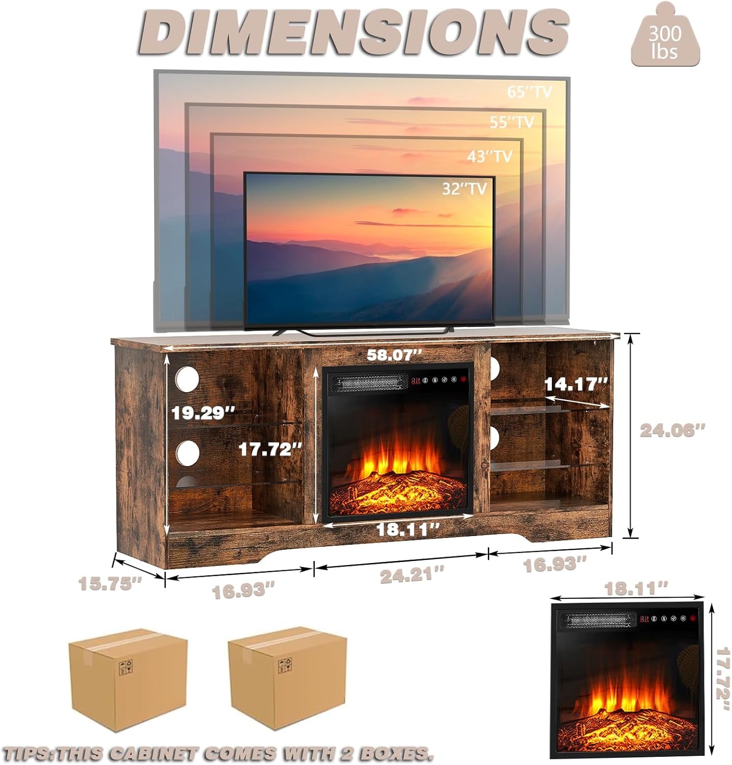 58 Inches Fireplace TV Stand for Tvs up to 65 Inches Console with 18''