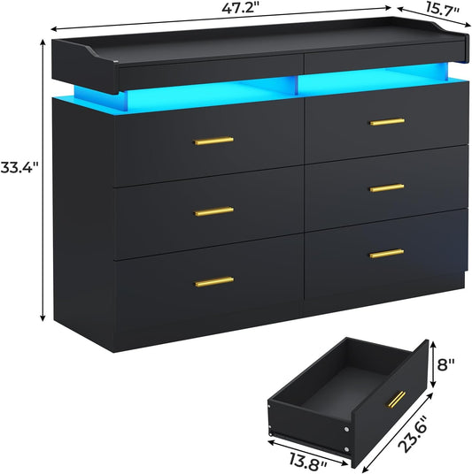 LED Dresser with 2 Pull-Out Tray, 6 Drawer Dresser, 47.2" Long Wide