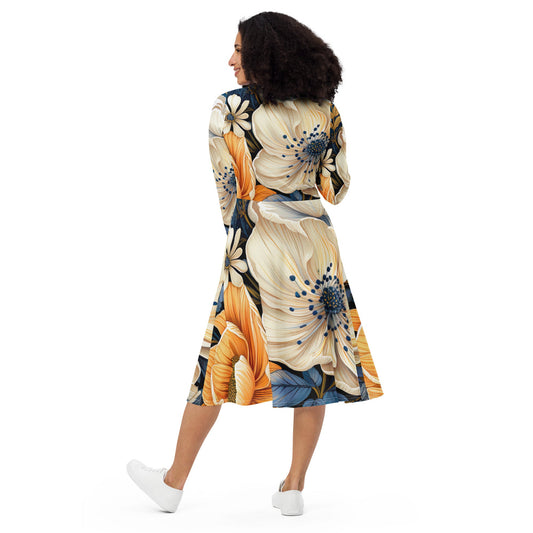 Womens Long Sleeve Midi Dress - Floral Blue Print