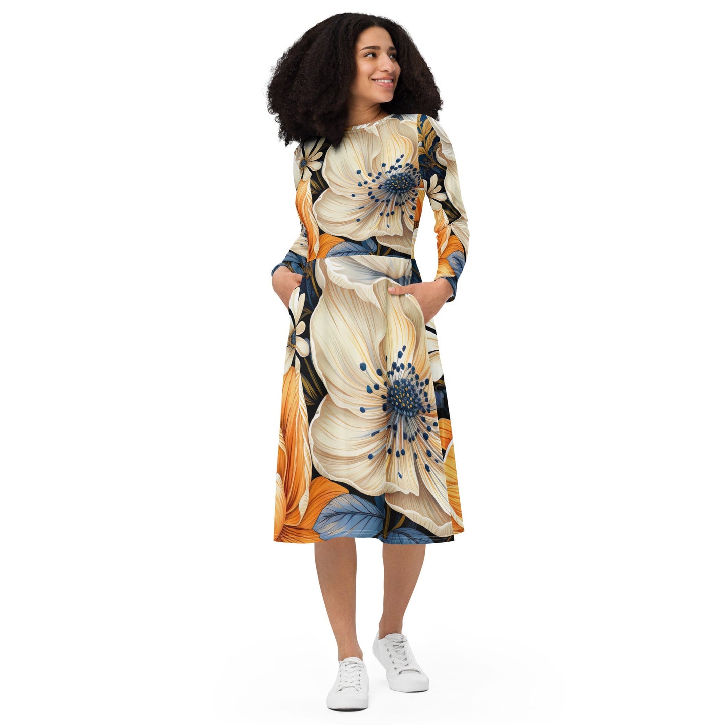 Womens Long Sleeve Midi Dress - Floral Blue Print