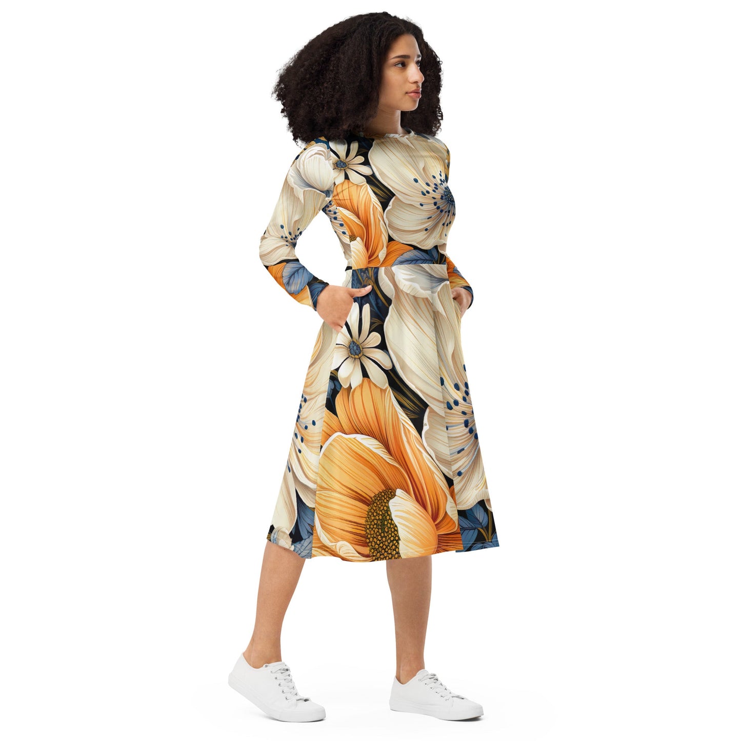 Womens Long Sleeve Midi Dress - Floral Blue Print