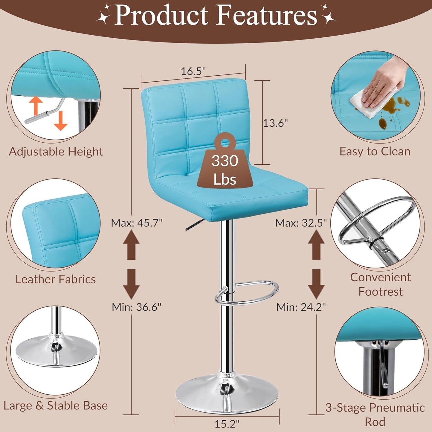 Set of 4 Adjustable Swivel Barstools, Modern PU Leather Kitchen