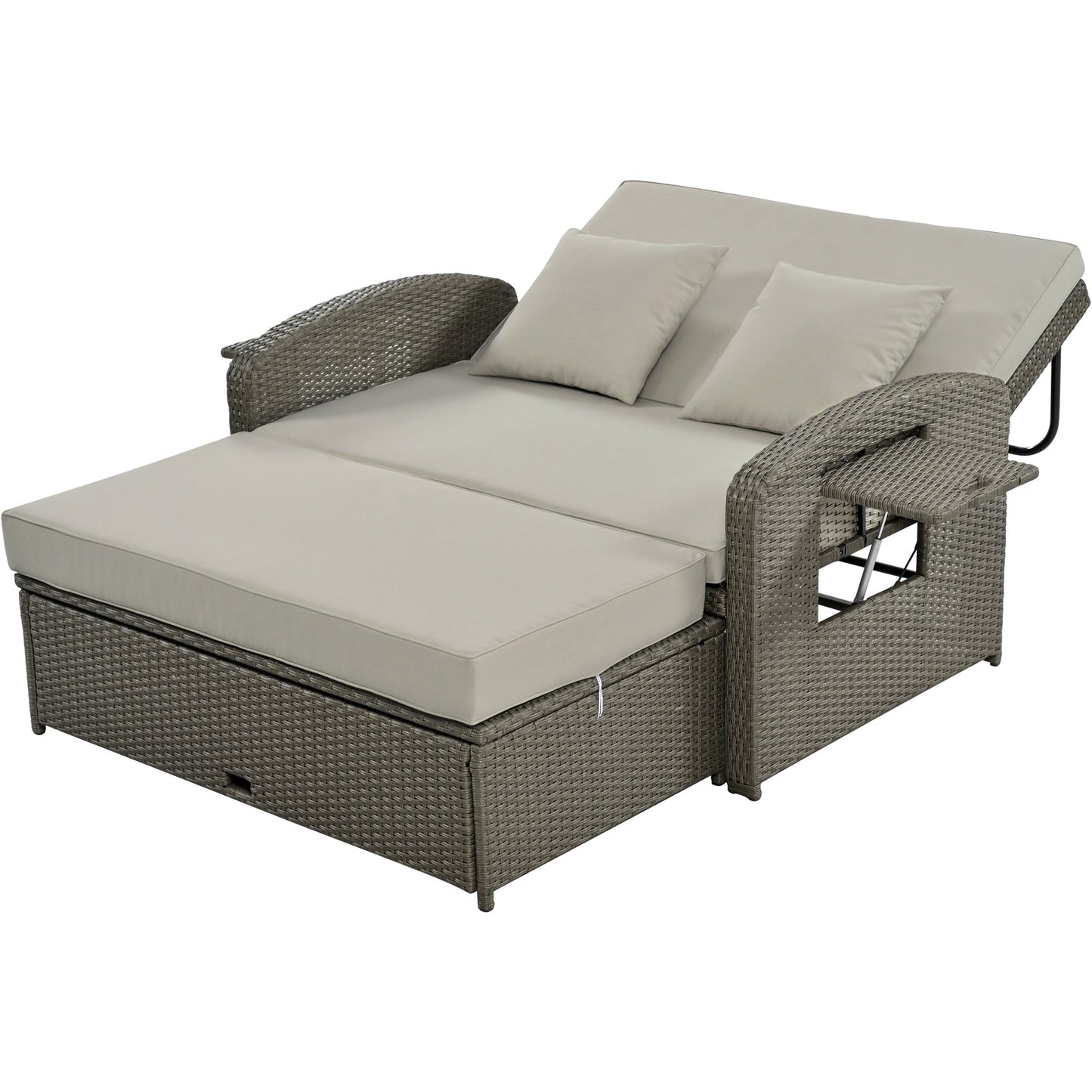 PE Wicker Rattan Double Chaise Lounge, 2-Person Reclining Daybed with