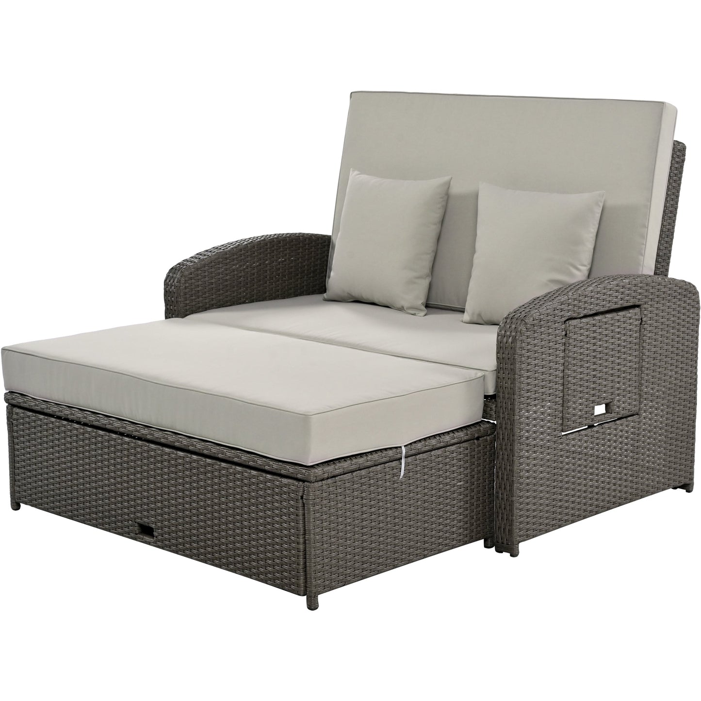 PE Wicker Rattan Double Chaise Lounge, 2-Person Reclining Daybed with